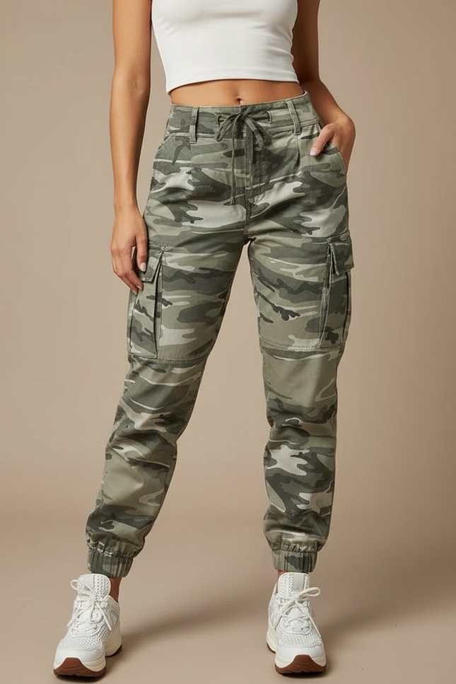 Pantalon Cargo Camouflage Vert Ample Poches Femme - Toile