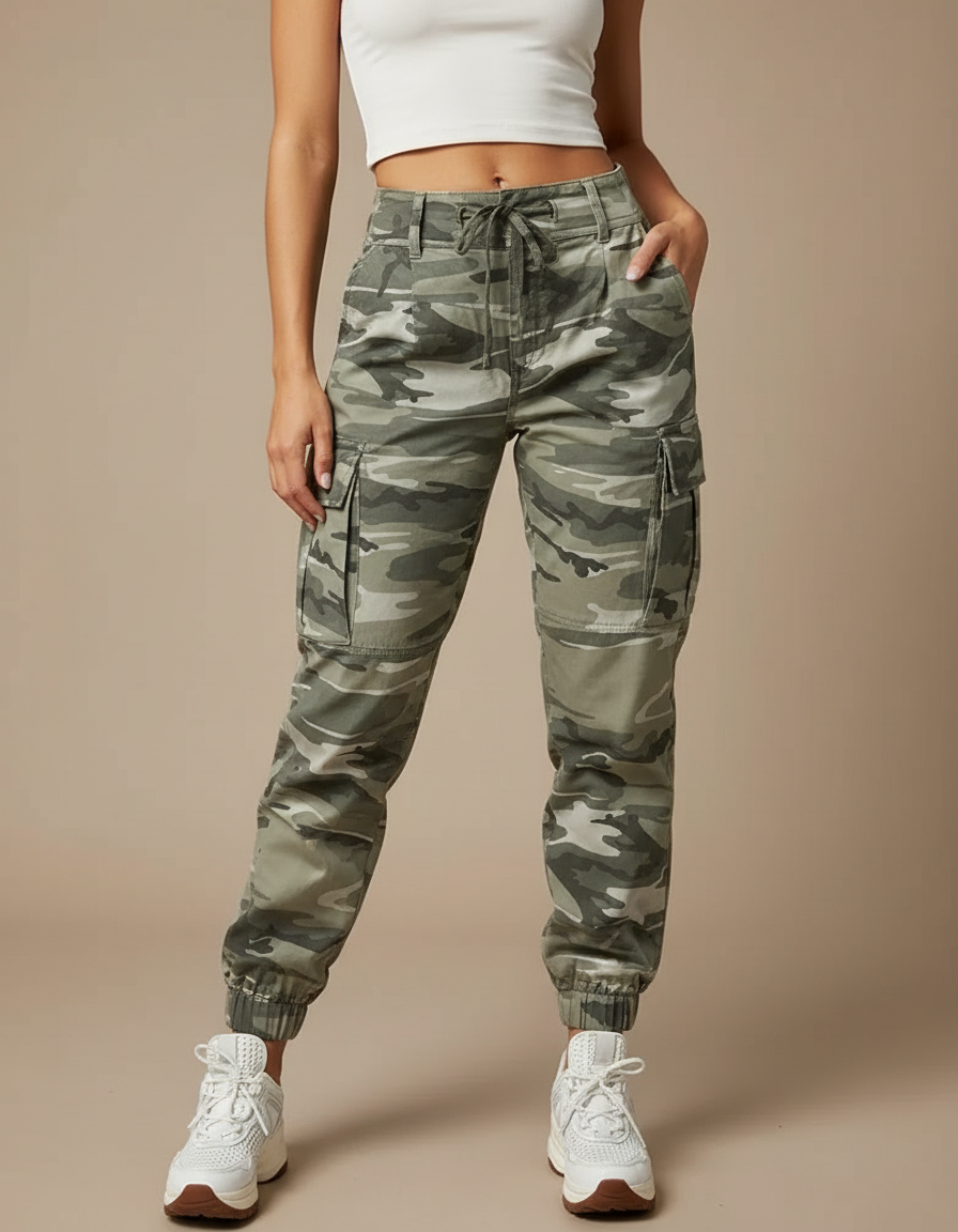 Pantalon Cargo Camouflage Vert Ample Poches Femme - Toile