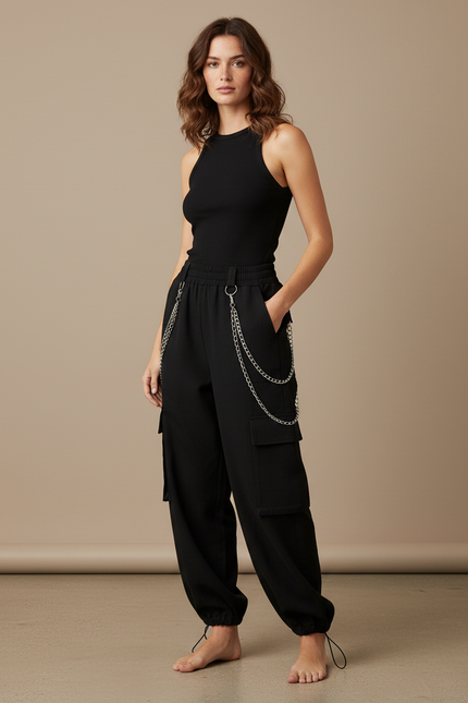 Pantalon Cargo Noir Ample Chaînes Streetwear Femme - Polyester