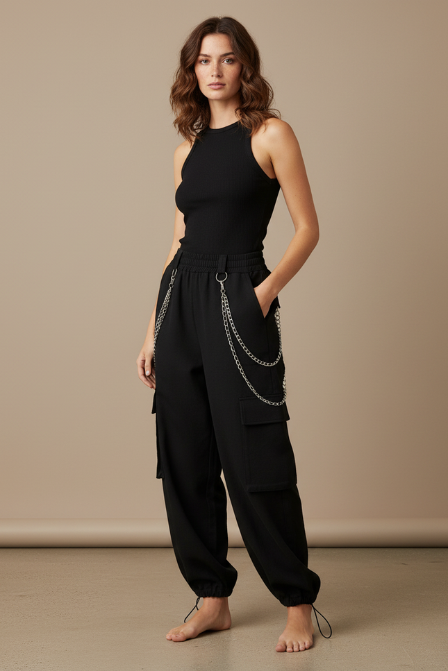 Pantalon Cargo Noir Ample Chaînes Streetwear Femme - Polyester
