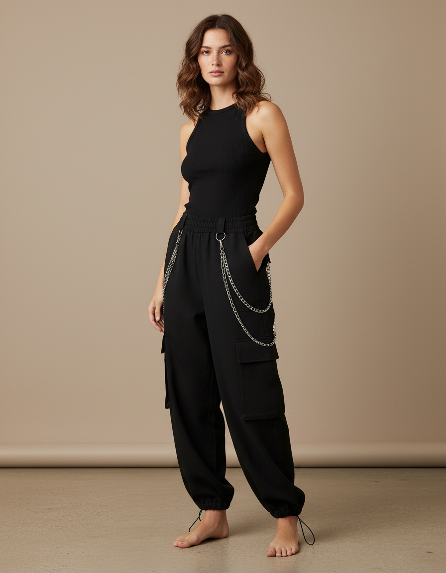 Pantalon Cargo Noir Ample Chaînes Streetwear Femme - Polyester