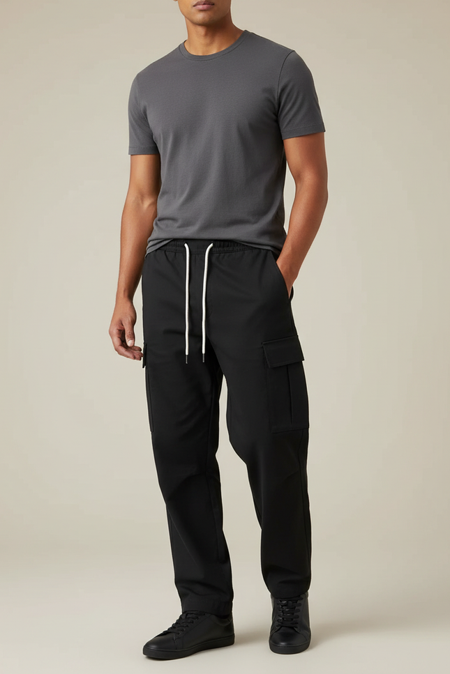 Pantalon Cargo Noir Décontracté Multipoches Homme Cordon - Polyester