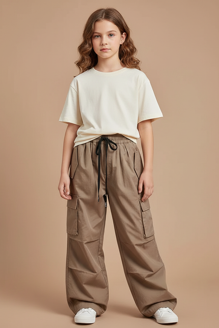 Pantalon Cargo Marron Ample Poches Cordon Enfant - Kaki Toile