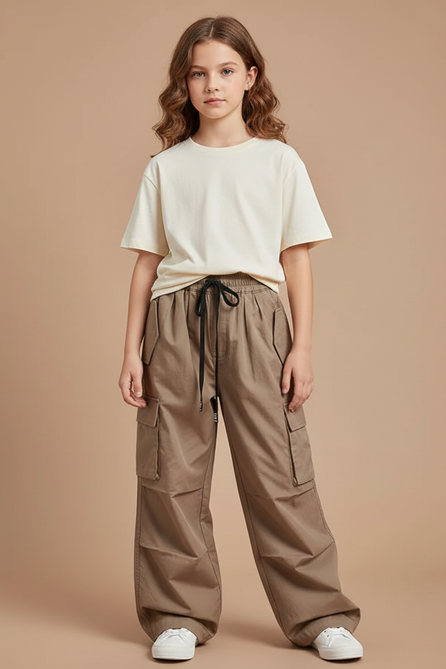 Pantalon Cargo Marron Ample Poches Cordon Enfant - Kaki Toile