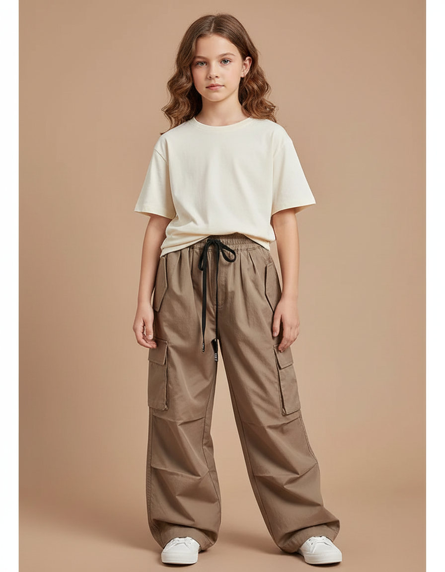 Pantalon Cargo Marron Ample Poches Cordon Enfant - Kaki Toile