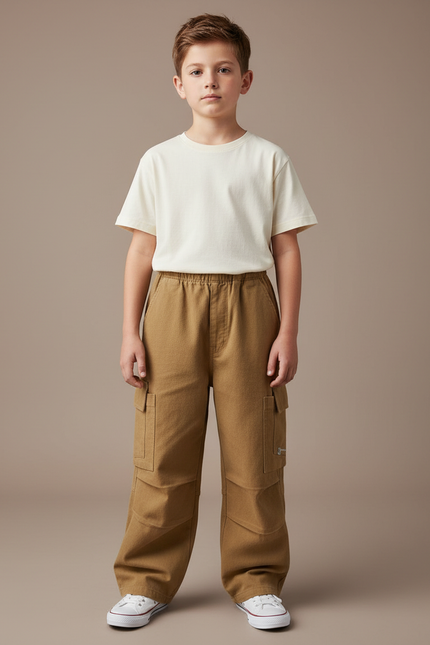 Pantalon Cargo Marron Ample Coton Multipoches Garçon - Toile