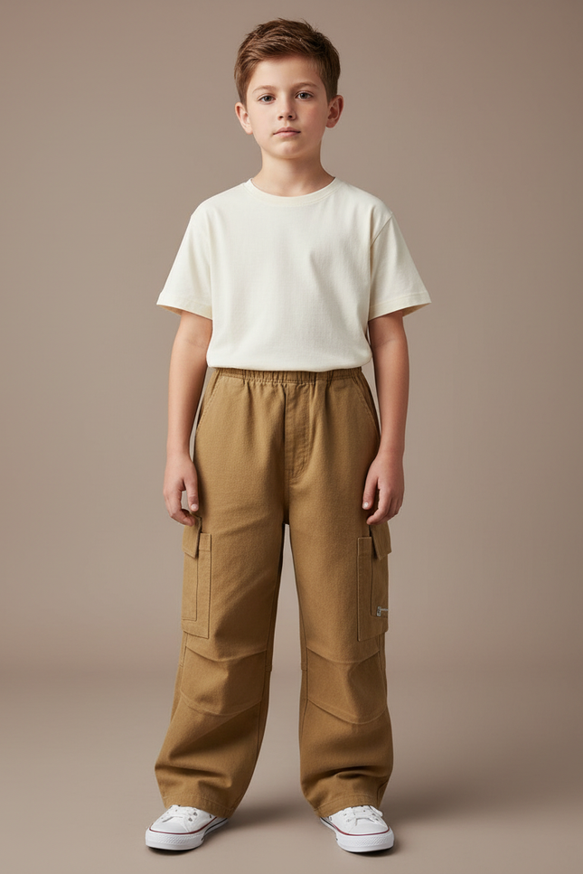 Pantalon Cargo Marron Ample Coton Multipoches Garçon - Toile