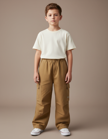 Pantalon Cargo Marron Ample Coton Multipoches Garçon - Toile