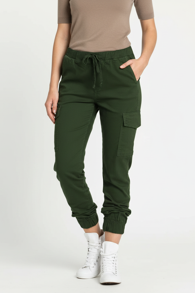 Pantalon Cargo Vert Kaki Femme Cordon Élastique - Gabardine