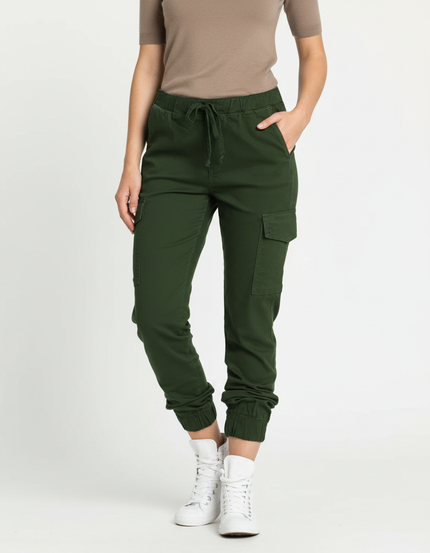 Pantalon Cargo Vert Kaki Femme Cordon Élastique - Gabardine