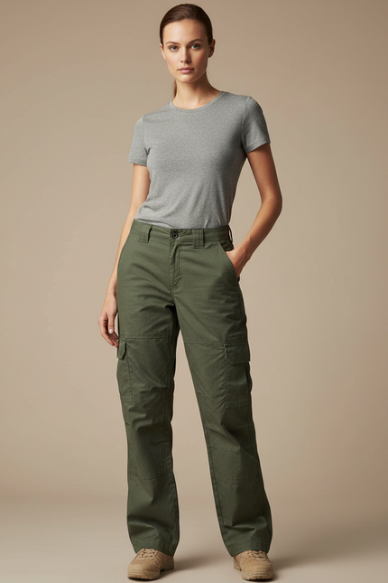 Pantalon Cargo Femme Vert Militaire Ample Multipoches - Kaki Toile
