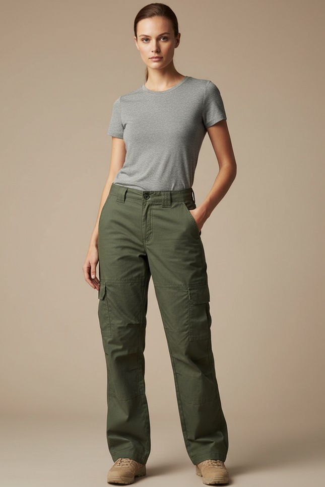 Pantalon Cargo Femme Vert Militaire Ample Multipoches - Kaki Toile