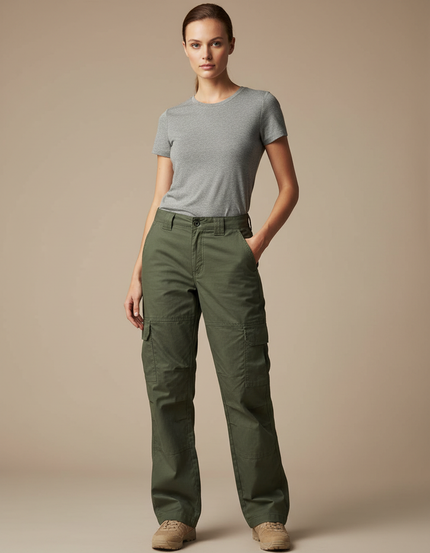 Pantalon Cargo Femme Vert Militaire Ample Multipoches - Kaki Toile
