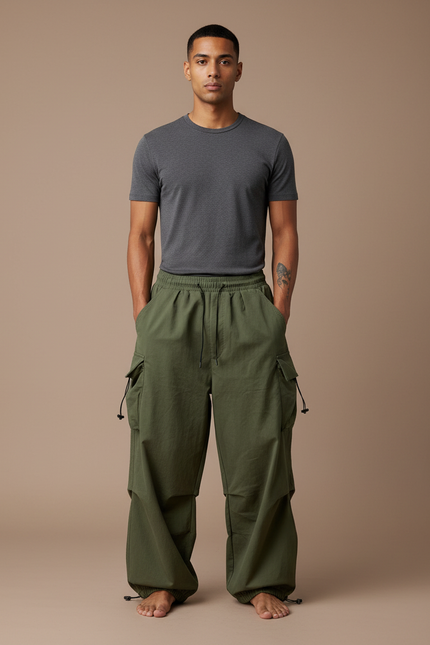 Pantalon Cargo Vert Ample Cordon Streetwear Décontracté - Kaki Toile
