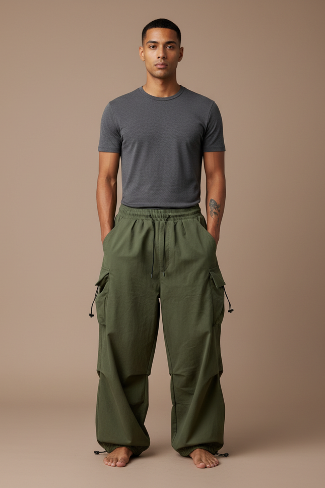 Pantalon Cargo Vert Ample Cordon Streetwear Décontracté - Kaki Toile