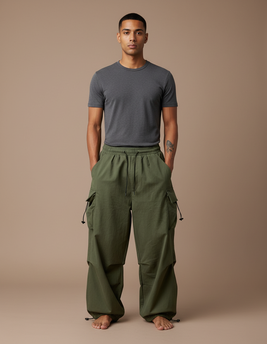 Pantalon Cargo Vert Ample Cordon Streetwear Décontracté - Kaki Toile