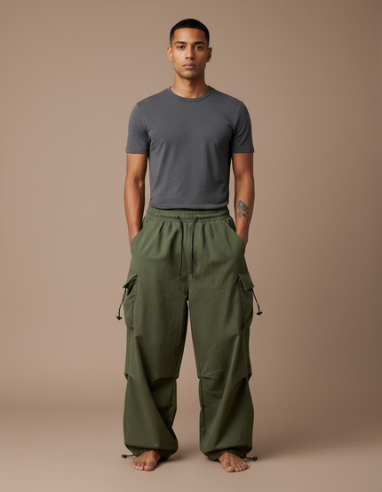 Pantalon Cargo Vert Ample Cordon Streetwear Décontracté - Kaki Toile