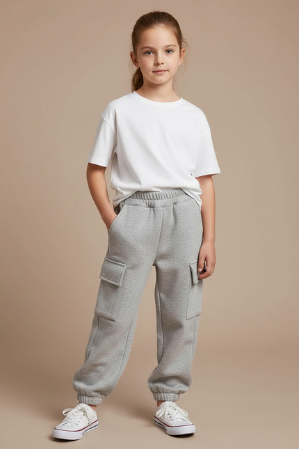 Pantalon Cargo Enfant Gris Ample Molleton Poches