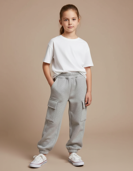Pantalon Cargo Enfant Gris Ample Molleton Poches