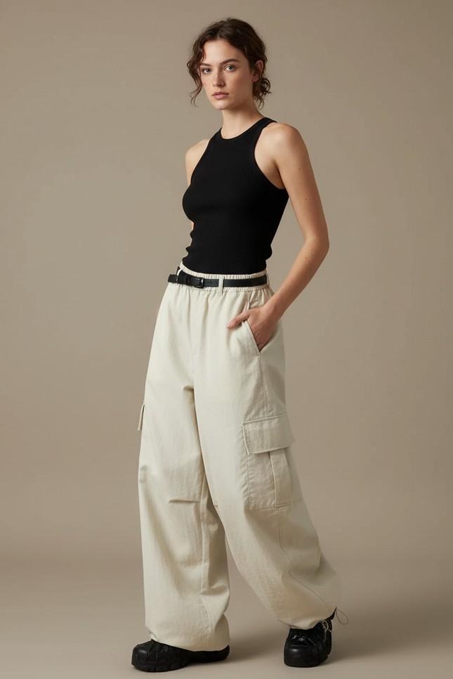 Pantalon Cargo Beige Ample Multipoches Femme Streetwear - Toile