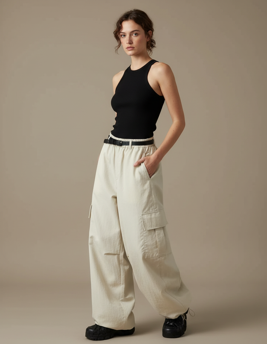 Pantalon Cargo Beige Ample Multipoches Femme Streetwear - Toile