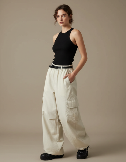 Pantalon Cargo Beige Ample Multipoches Femme Streetwear - Toile
