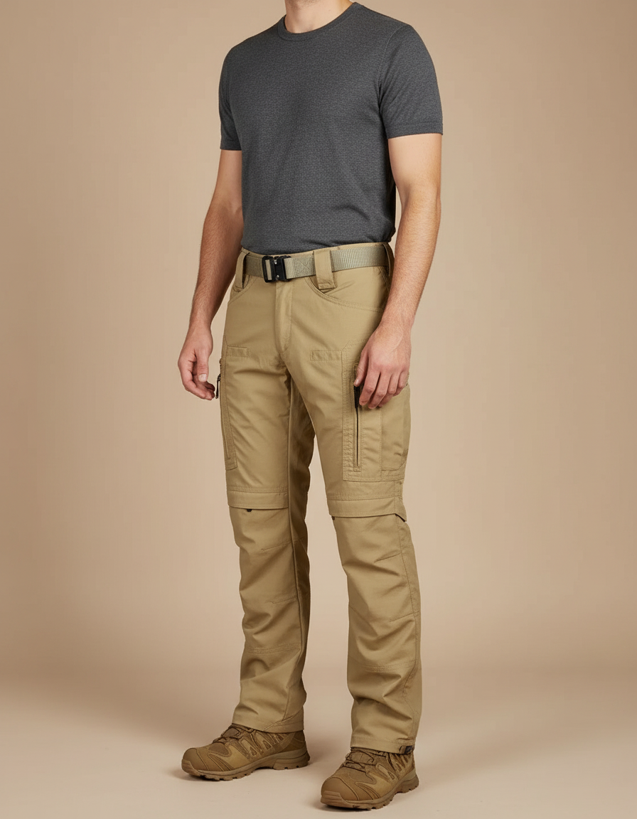 Pantalon Cargo Beige Tactique Multipoches Homme Convertible - Gabardine