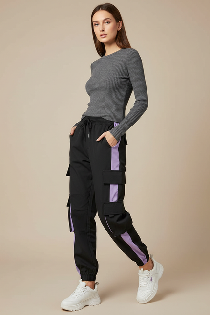 Pantalon Cargo Noir Violet Multipoches Sportif Femme - Polyester