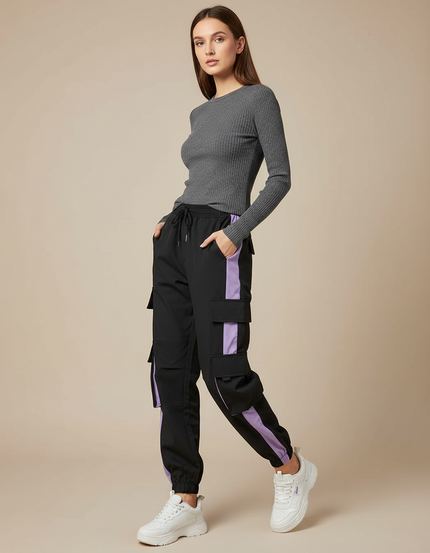 Pantalon Cargo Noir Violet Multipoches Sportif Femme - Polyester