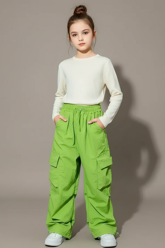 Pantalon Cargo Vert Fluorescent Ample Multipoches Fille Décontracté - Polyester