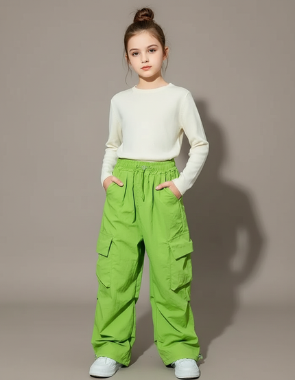Pantalon Cargo Vert Fluorescent Ample Multipoches Fille Décontracté - Polyester