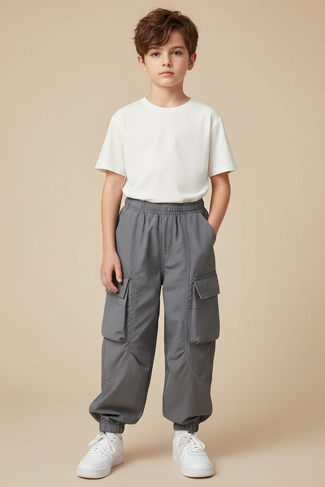 Pantalon Cargo Gris Ample Décontracté Multipoches Enfant - Polyester