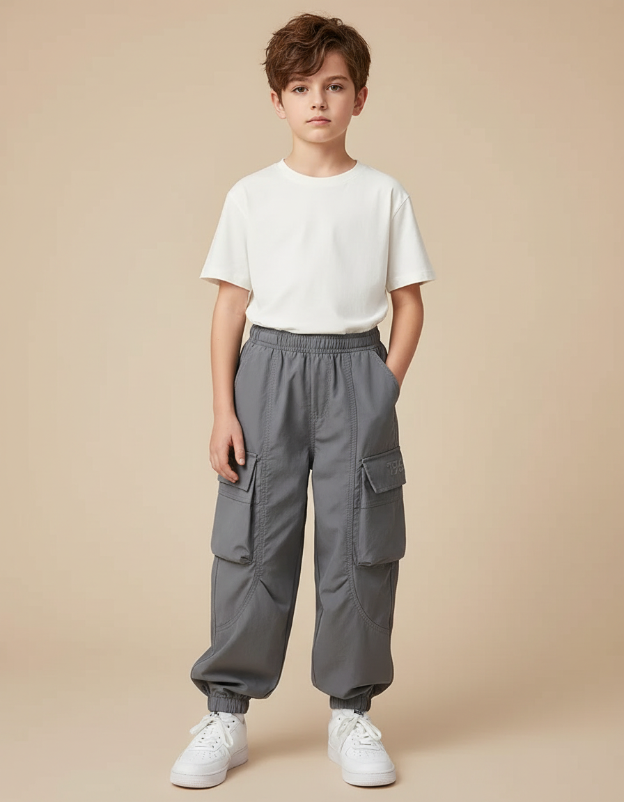 Pantalon Cargo Gris Ample Décontracté Multipoches Enfant - Polyester