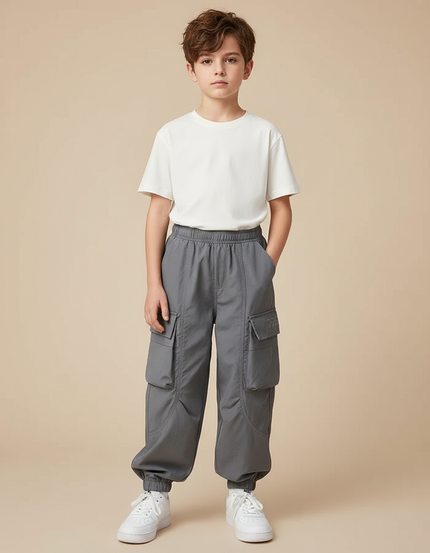Pantalon Cargo Gris Ample Décontracté Multipoches Enfant - Polyester