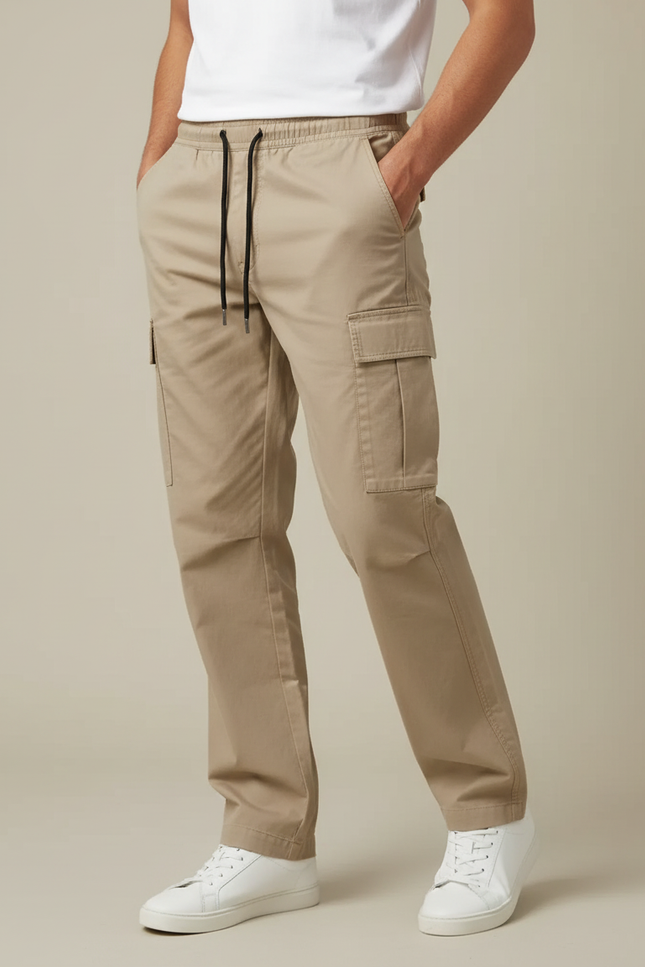Pantalon Cargo Homme Kaki Lâche Cordon Multipoches - Toile
