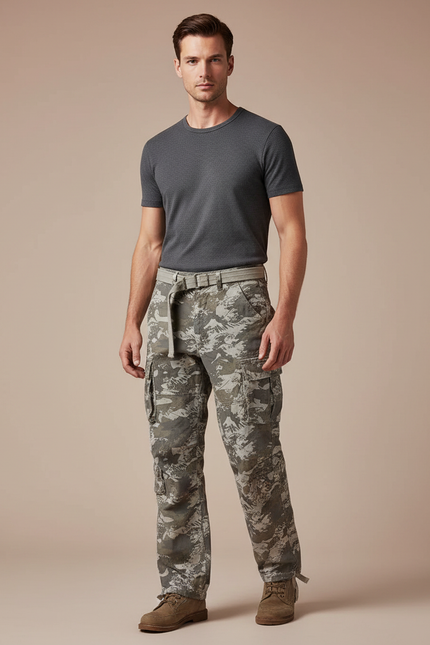 Pantalon Cargo Camouflage Multipoches Coton Décontracté Homme - Kaki Toile