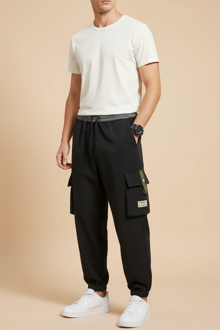 Pantalon Cargo Noir Homme Ample Jogger Poches - Polyester