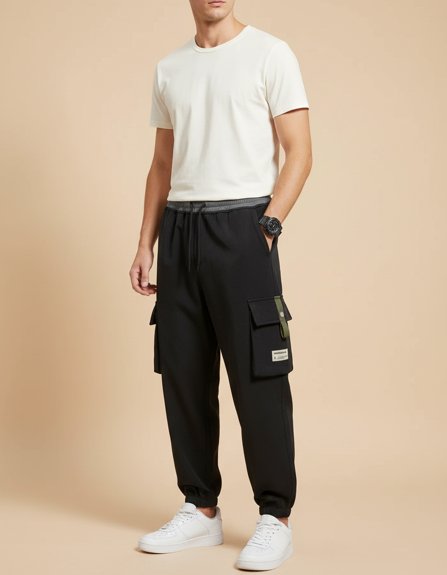 Pantalon Cargo Noir Homme Ample Jogger Poches - Polyester