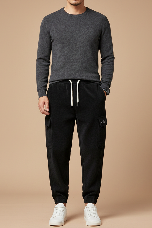 Pantalon Cargo Noir Velours Côtelé Ample Polaire - Cordé