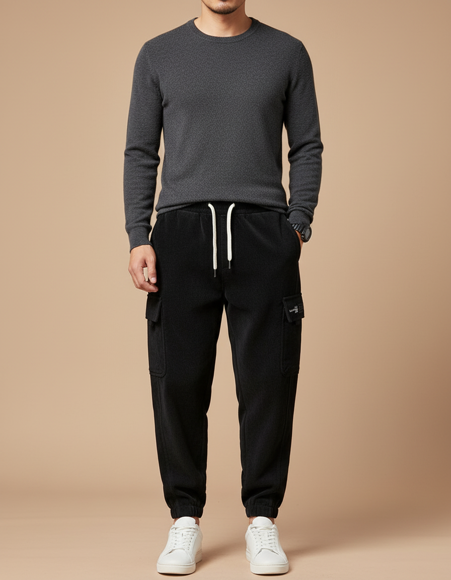 Pantalon Cargo Noir Velours Côtelé Ample Polaire - Cordé