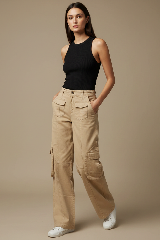 Pantalon Cargo Beige Ample Femme Chic Décontracté - Gabardine