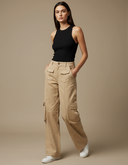 Pantalon Cargo Beige Ample Femme Chic Décontracté - Gabardine
