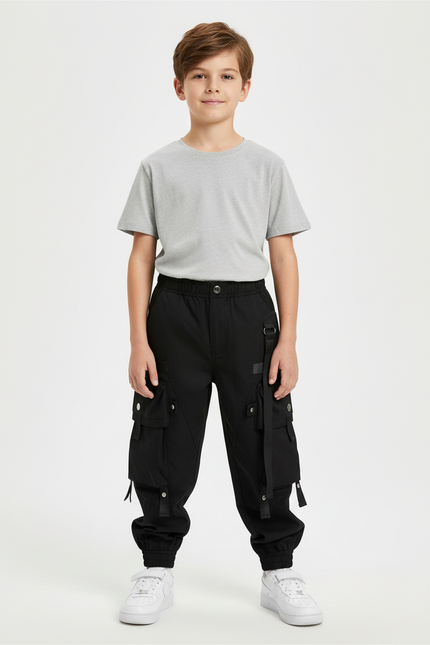 Pantalon Cargo Noir Garçon Multipoches Sangles Urbain - Polyester