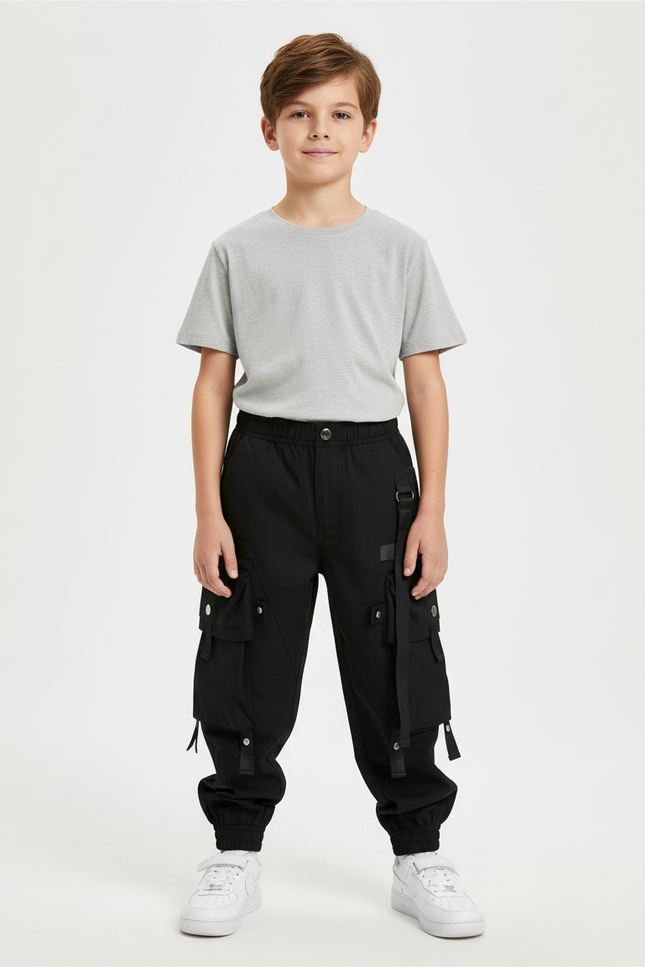 Pantalon Cargo Noir Garçon Multipoches Sangles Urbain - Polyester