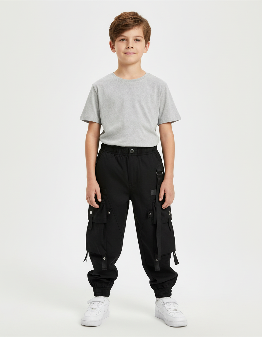 Pantalon Cargo Noir Garçon Multipoches Sangles Urbain - Polyester