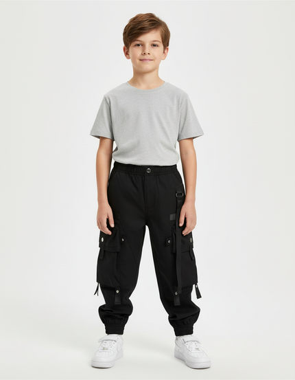 Pantalon Cargo Noir Garçon Multipoches Sangles Urbain - Polyester
