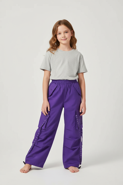 Pantalon Cargo Violet Ample Fille Poches Latérales - Toile