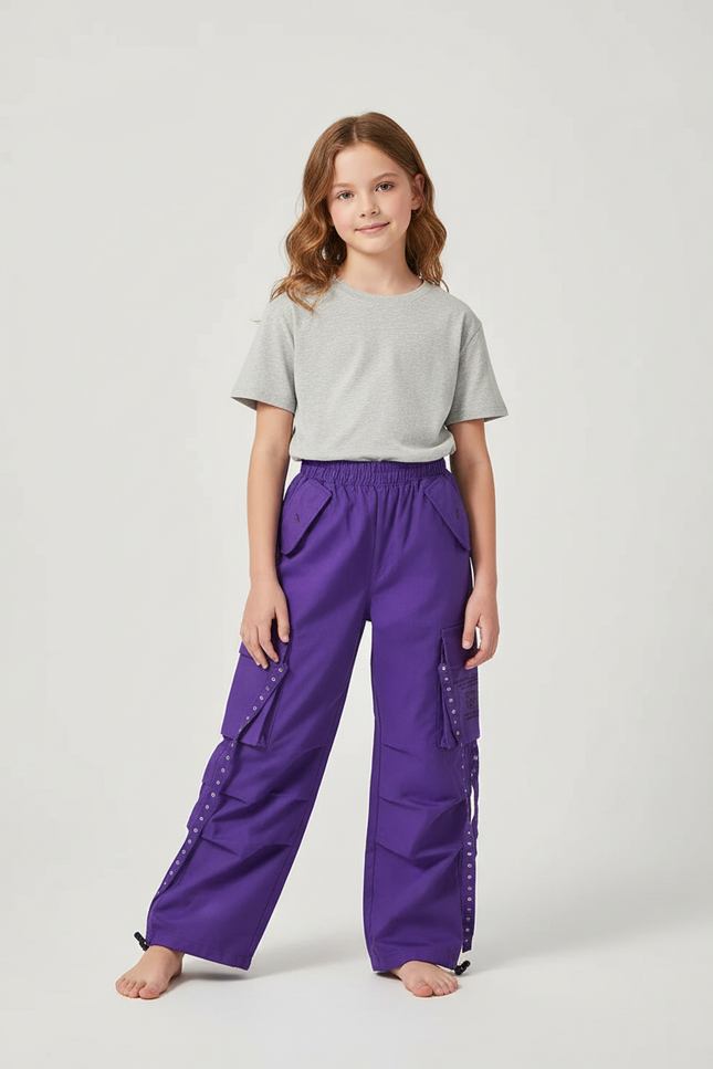Pantalon Cargo Violet Ample Fille Poches Latérales - Toile