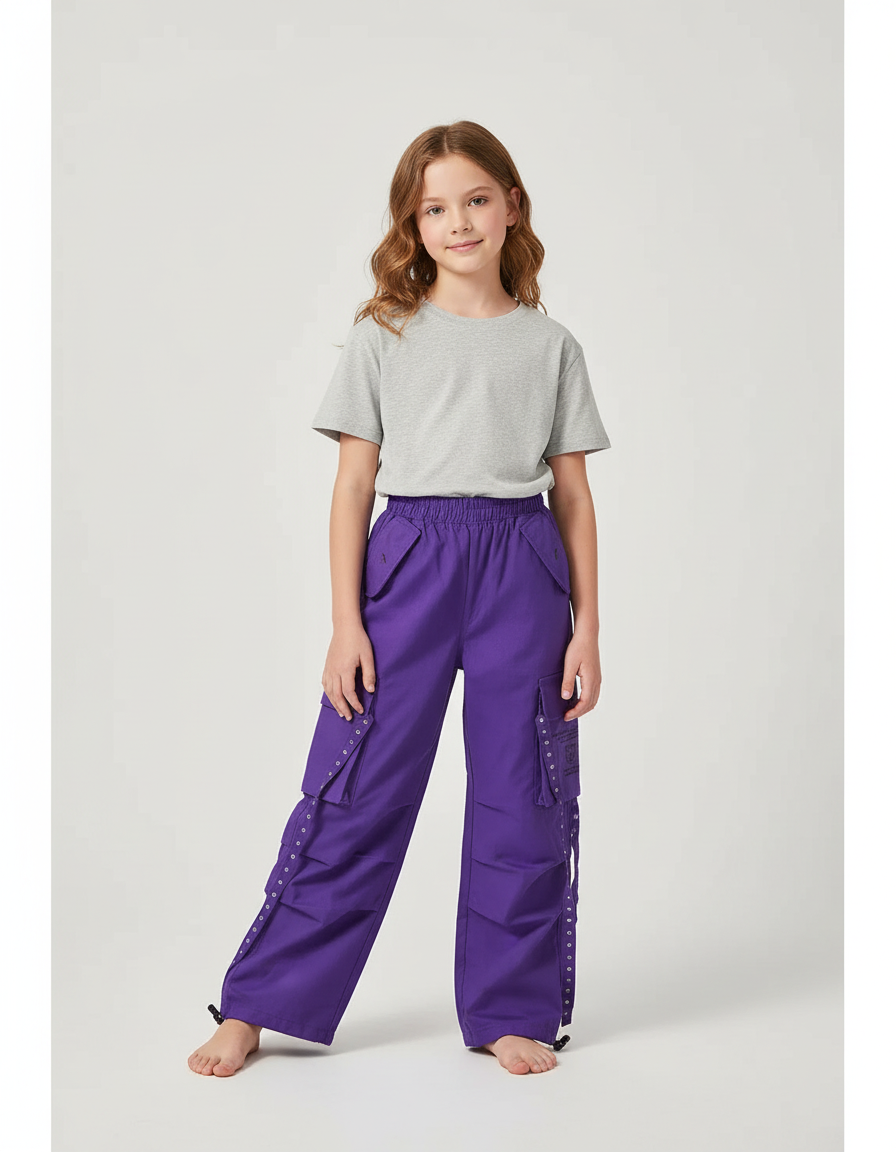 Pantalon Cargo Violet Ample Fille Poches Latérales - Toile