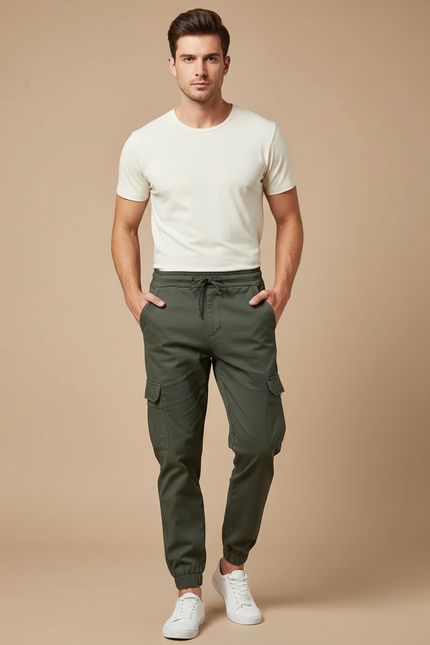 Pantalon Cargo Homme Vert Coton Décontracté Jogger - Kaki